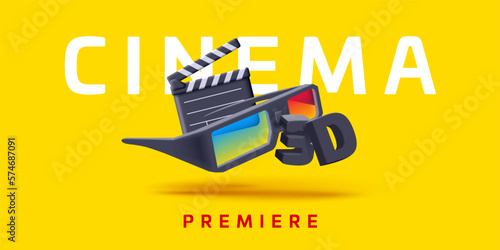 Dynamic modern composition of the cinema premiere 3d. Clapper, 3d glasses, 3d inscription image. Elements on a yellow background for movie advertising and cinema promotional materials.