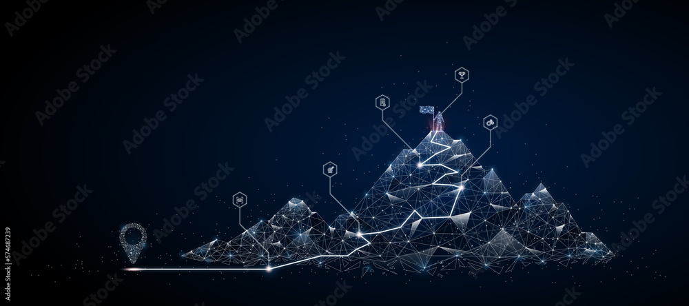 Obraz Businessman standing on top of mountain in dark background. The way to success in digital future style. Achievement, goal success concept with business icons.  fototapeta, plakat