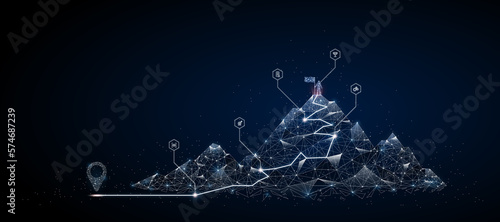 Businessman standing on top of mountain in dark background. The way to success in digital future style. Achievement, goal success concept with business icons. 