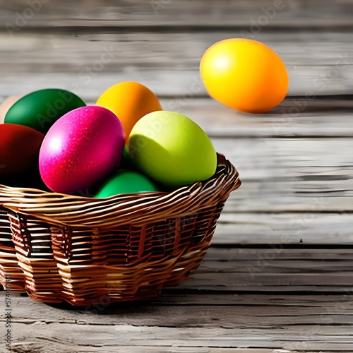 Easter eggs in a tatch basket on a wooden table - IA generativa