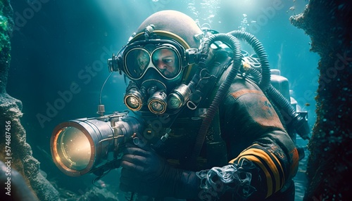 Diver in uniform repair pipe underwater, Generative AI © Salsabila Ariadina