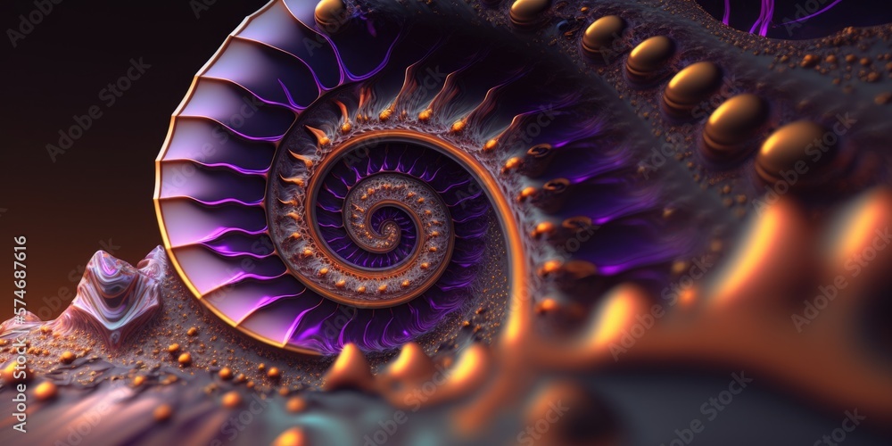 Iridescent purple shimmer ammonite shell spiral, fossilized in ancient prehistoric rocks, detailed texture and fascinating golden ratio pattern - generative AI.