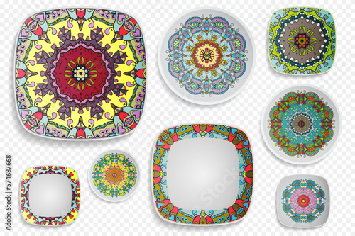 Big set of plates with ornament, top view. Home decor collection. Isolated dish, saucer with hand drawn ethnic mandala pattern. Editable objects, mock up set
