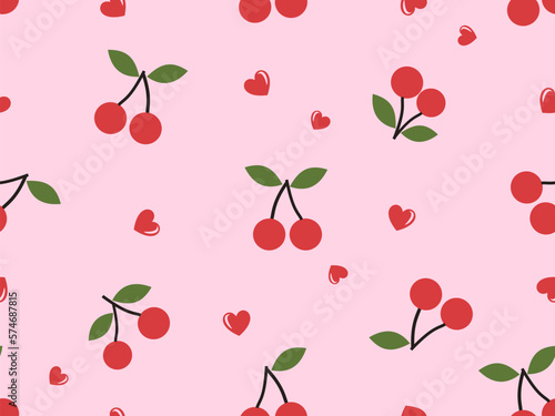 Seamless pattern with cherries, green leaves and hearts on pink background vector illustration.
