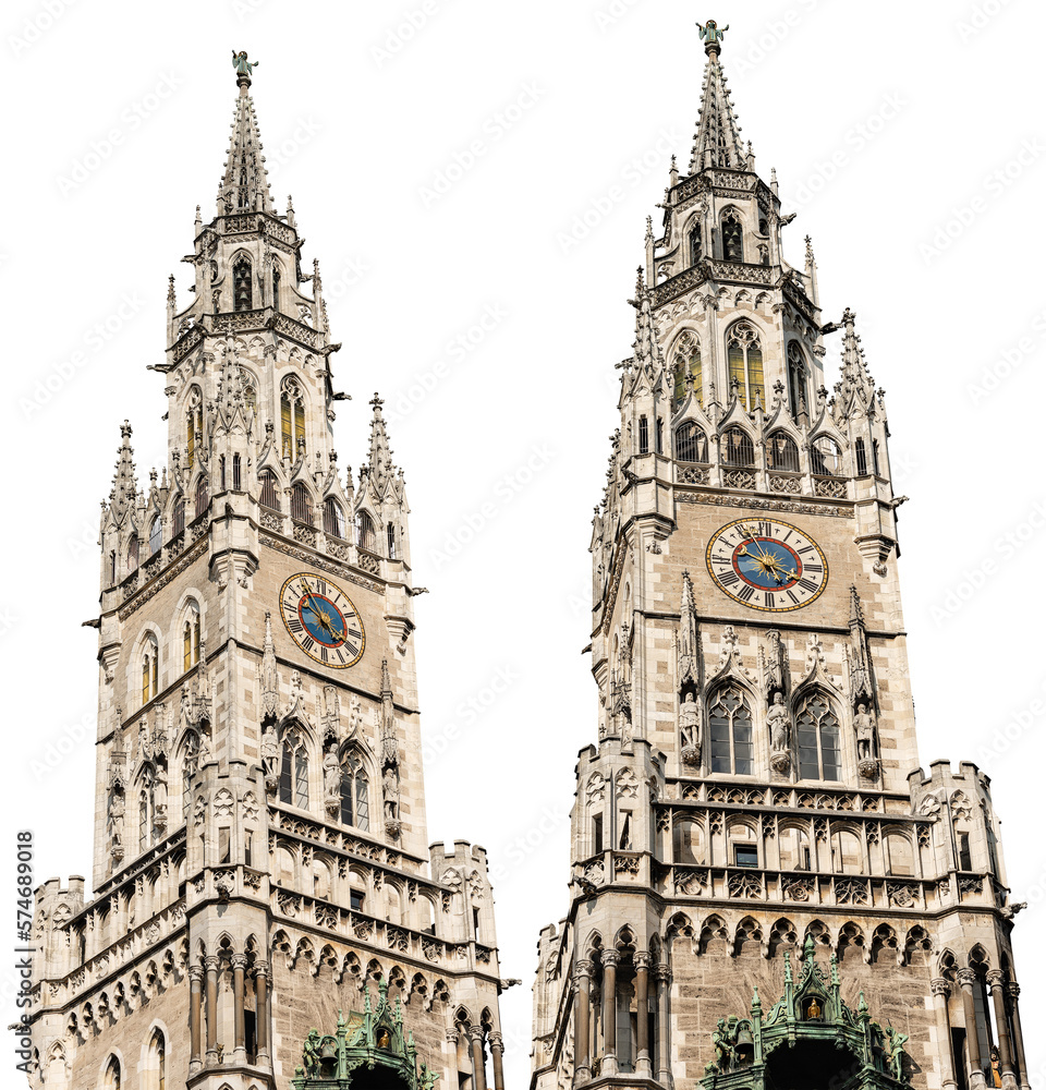 Naklejka premium Bell and clock tower of the Neue Rathaus of Munich (New Town Hall) isolated on white or transparent background. XIX century neo-Gothic style palace in Marienplatz, Germany, Europe. Png.
