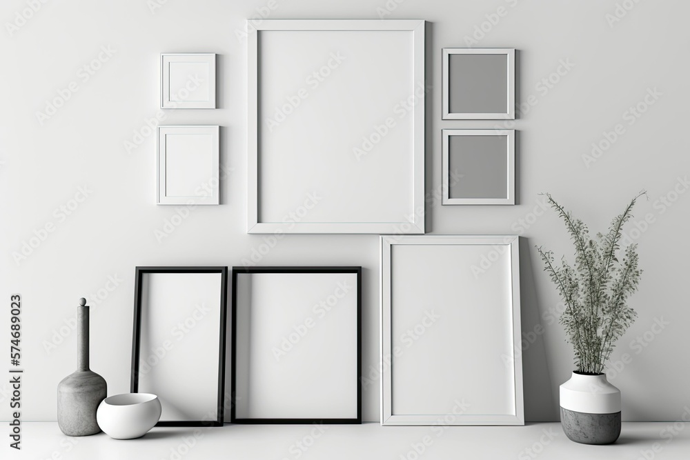 On the white wall of the contemporary room are several empty picture frames. interior design mockup in a modern aesthetic. Gratis copy space is available for artwork, images, posters, or pictures On the white wall of the contemporary room are several empty picture frames. interior design mockup in a modern aesthetic. Gratis copy space is available for artwork, images, posters, or pictures