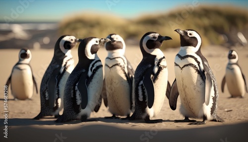 Group of Magellanic Penguins gathered on a sandy beach on a sunny summer day, Generative AI