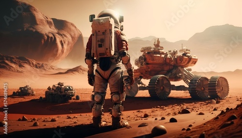 Astronaut in the mars rover on red planet surface explores the cosmic landscape, Generative AI