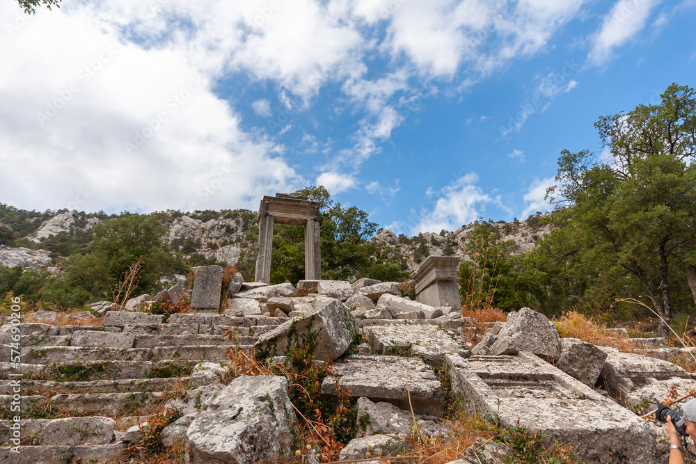 Scenic panorama of ancient amphitheatre in antique city of Termessos is one of the main tourist and archaeological site of Turkey.