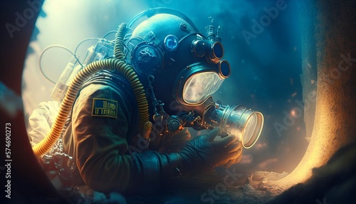 Diver in uniform repair pipe underwater, Generative AI