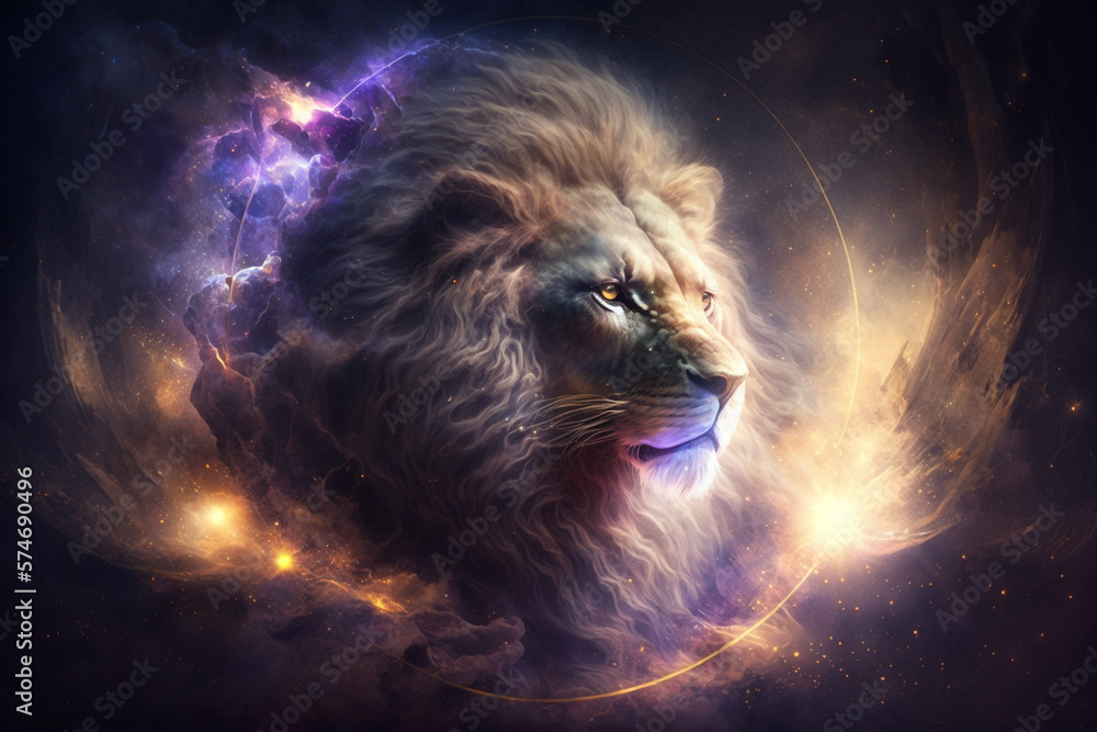 Naklejka premium Leo zodiac sign. Lion illustration with magic light in space. Generative ai