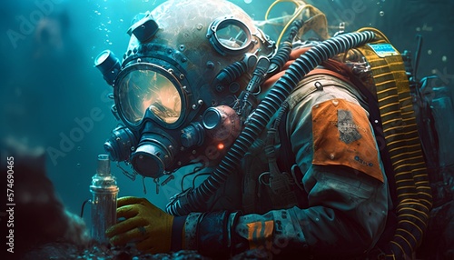 Diver in uniform repair pipe underwater, Generative AI