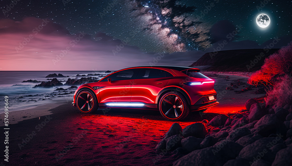 Long-exposure photography of a red concept car on the beach. Milky way in the sky. Created with Generative AI