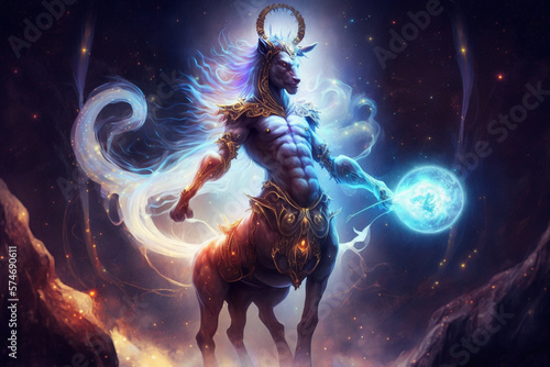 Sagittarius zodiac sign. Centaur illustration with magic light in space. Generative ai photo
