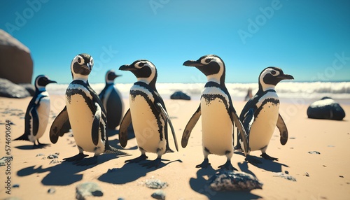 Group of Magellanic Penguins gathered on a sandy beach on a sunny summer day, Generative AI