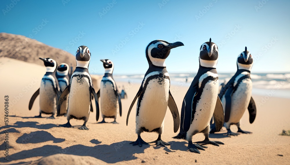 Fototapeta premium Group of Magellanic Penguins gathered on a sandy beach on a sunny summer day, Generative AI