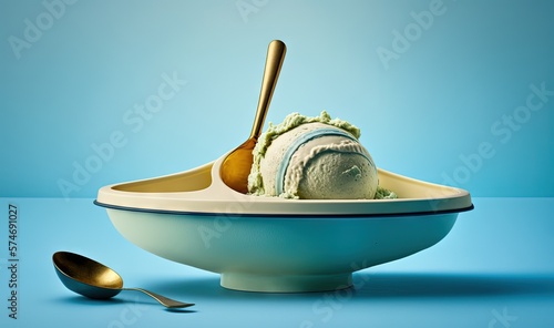  a bowl with a scoop of ice cream and a spoon.  generative ai