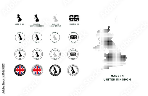 Made In UK fill colored Icon Set. United Kingdom Product Made In Badges Vector Symbol Pack.