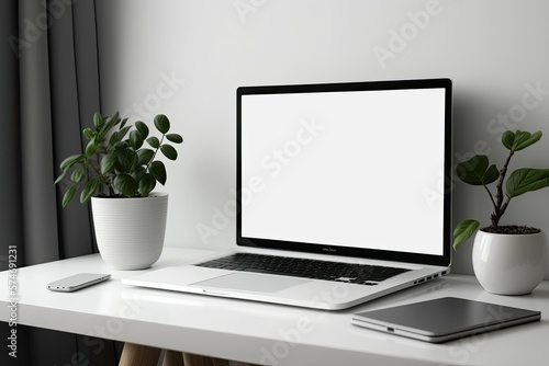 Laptop view Blank screen in house interior workpark, Easy update your design in white screen laptop mockup, illustration. Generative AI