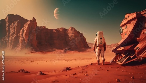 Astronaut in the mars rover on red planet surface explores the cosmic landscape, Generative AI