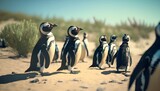 Group of Magellanic Penguins gathered on a sandy beach on a sunny summer day, Generative AI