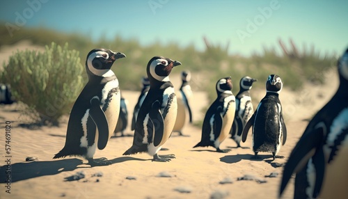 Group of Magellanic Penguins gathered on a sandy beach on a sunny summer day, Generative AI
