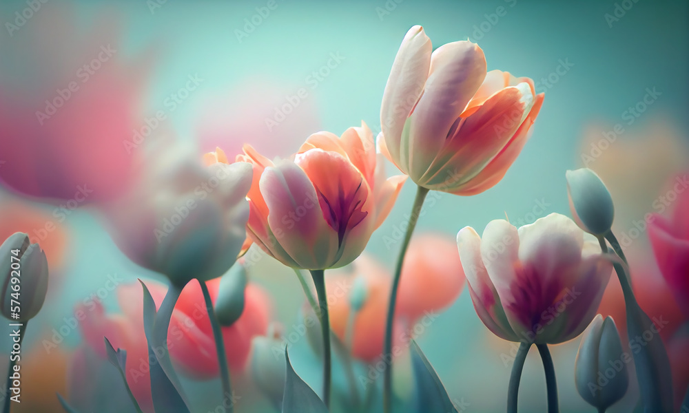 Colorful tulips in pastel coral tints at blurry background, closeup. Fresh spring flowers in the garden with soft sunlight. Generative AI.