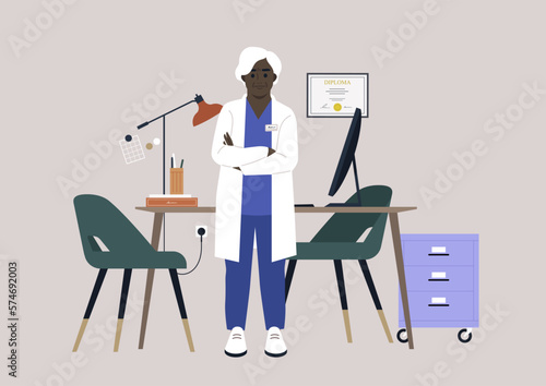 A senior female African doctor wearing a white robe in their cabinet, a medical checkup appointment