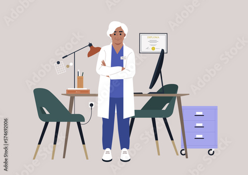 A senior doctor wearing a white robe in their cabinet, a medical checkup appointment