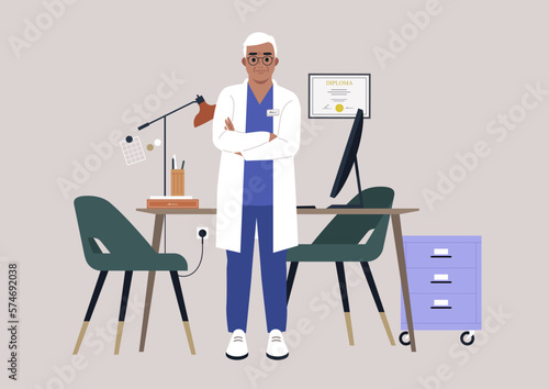 A senior male doctor wearing a white robe in their cabinet, a medical checkup appointment