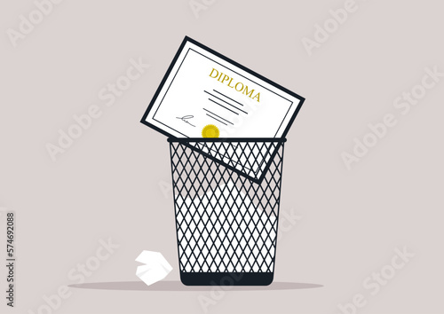 A diploma thrown out in a garbage bin, an educational crisis