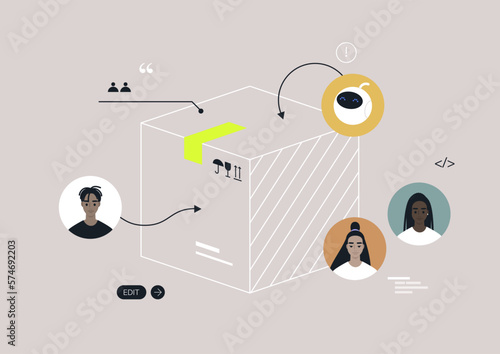 A teamwork organizational scheme, a diverse group of young professionals developing a product, an AI generator as a team member