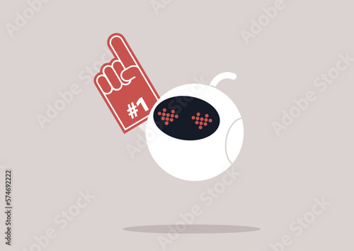 A Cute supporting robot wearing a foam finger, a Sport competition