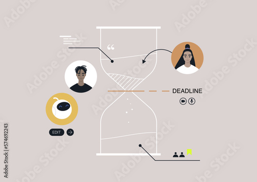 A time management scheme, a sand clock outline showing cycles and deadlines, a teamwork project, an AI generator as a team member
