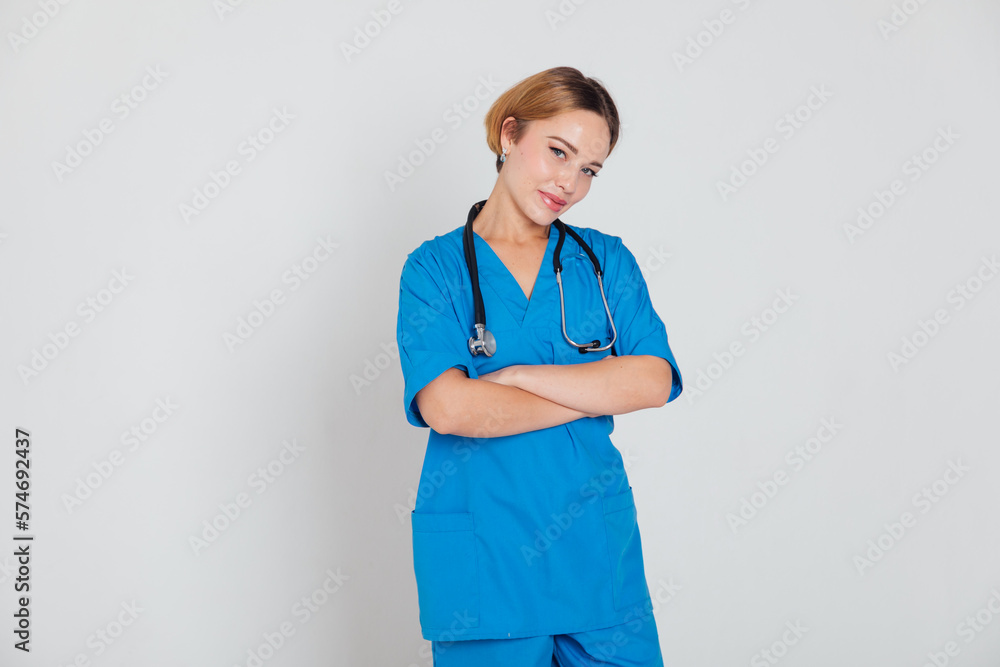 female doctor in blue suit with phonendoscope stethoscope in hospital hospital female doctor in blue suit with phonendoscope stethoscope in hospital hospital