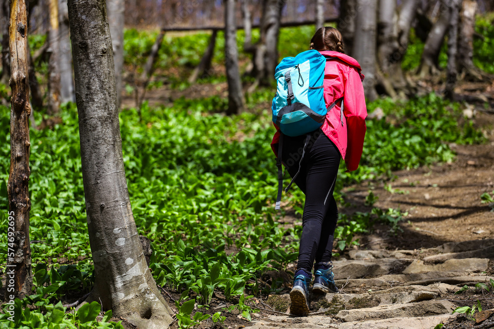 girl in pink jacket walks up a steep mountain during spring; walk in the mountains with vegetation coming to life, colourful spring in the mountains, luscious green plants girl in pink jacket walks up a steep mountain during spring; walk in the mountains with vegetation coming to life, colourful spring in the mountains, luscious green plants