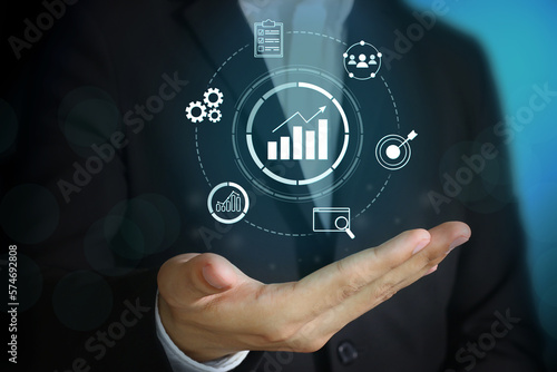 Innovation Concept, Increase performance of digital business, process of work, community, customers, target goal to achieve, planning data, task achievement, search analysis report on blue background.