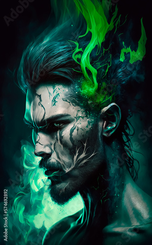 Portrait of a white European man with green vapour representing Taurus. Generative AI