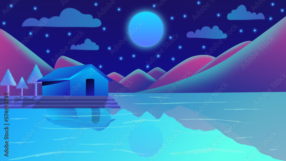 Naklejka premium Rural House beside Lake at night