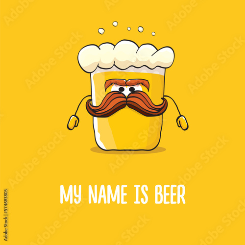 vector cartoon funky beer glass character with sunglasses isolated on orange background.vector beer comic label or poster design template. My name is beer or happy friday print illustration