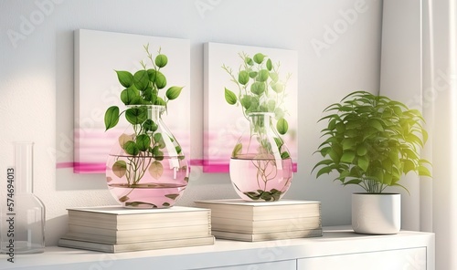  a couple of vases with plants in them on a shelf. generative ai