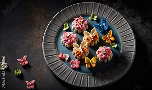  a plate of cookies decorated with butterflies on a black table.  generative ai