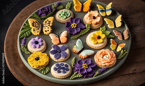  a plate of decorated cookies on a wooden table with butterflies and flowers. generative ai