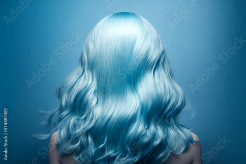Print op canvas Beauty fashion woman with colorful blue dyed hair, view from back