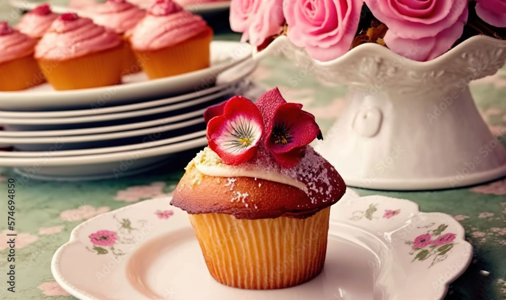 a cupcake with a flower on top of it on a plate. generative ai a cupcake with a flower on top of it on a plate. generative ai