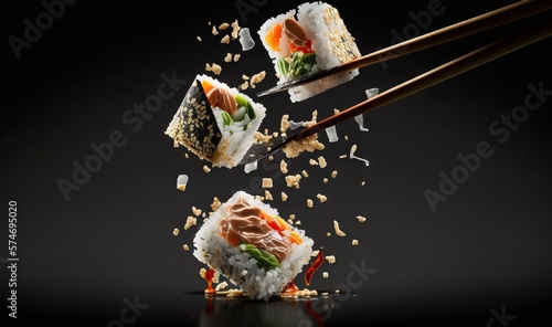  sushi being tossed in the air with chopsticks.  generative ai