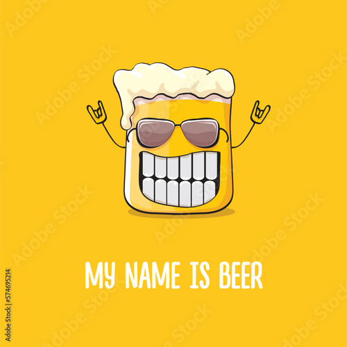 vector cartoon funky beer glass character with sunglasses isolated on orange background.vector beer comic label or poster design template. My name is beer or happy friday print illustration