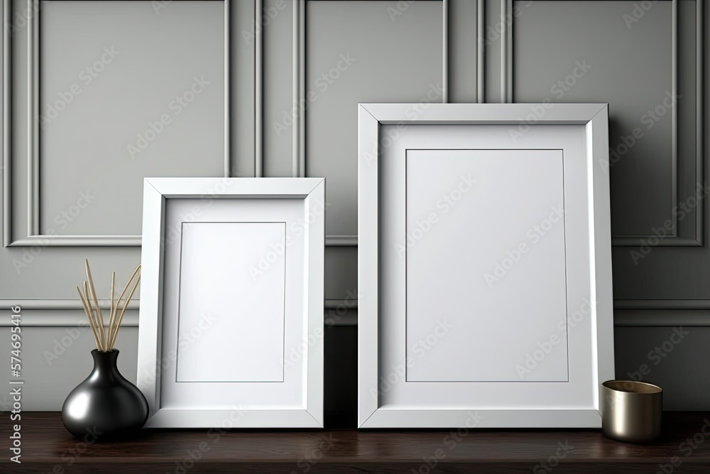 Two small photo frames on the wall are empty. Generative AI Two small photo frames on the wall are empty. Generative AI