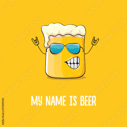 vector cartoon funky beer glass character with sunglasses isolated on orange background.vector beer comic label or poster design template. My name is beer or happy friday print illustration