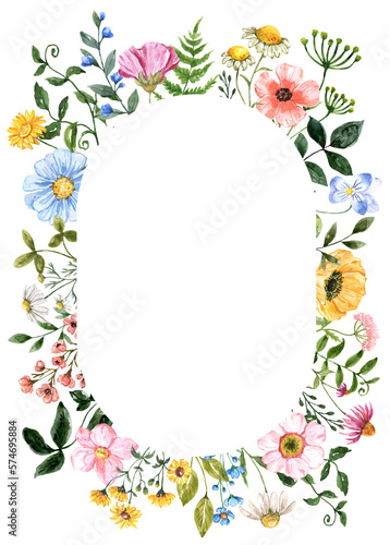 Oval-shaped floral frame. Watercolor wreath made of summer colorful wildflowers, grass, and foliage. Botanical invitation template with space for text.